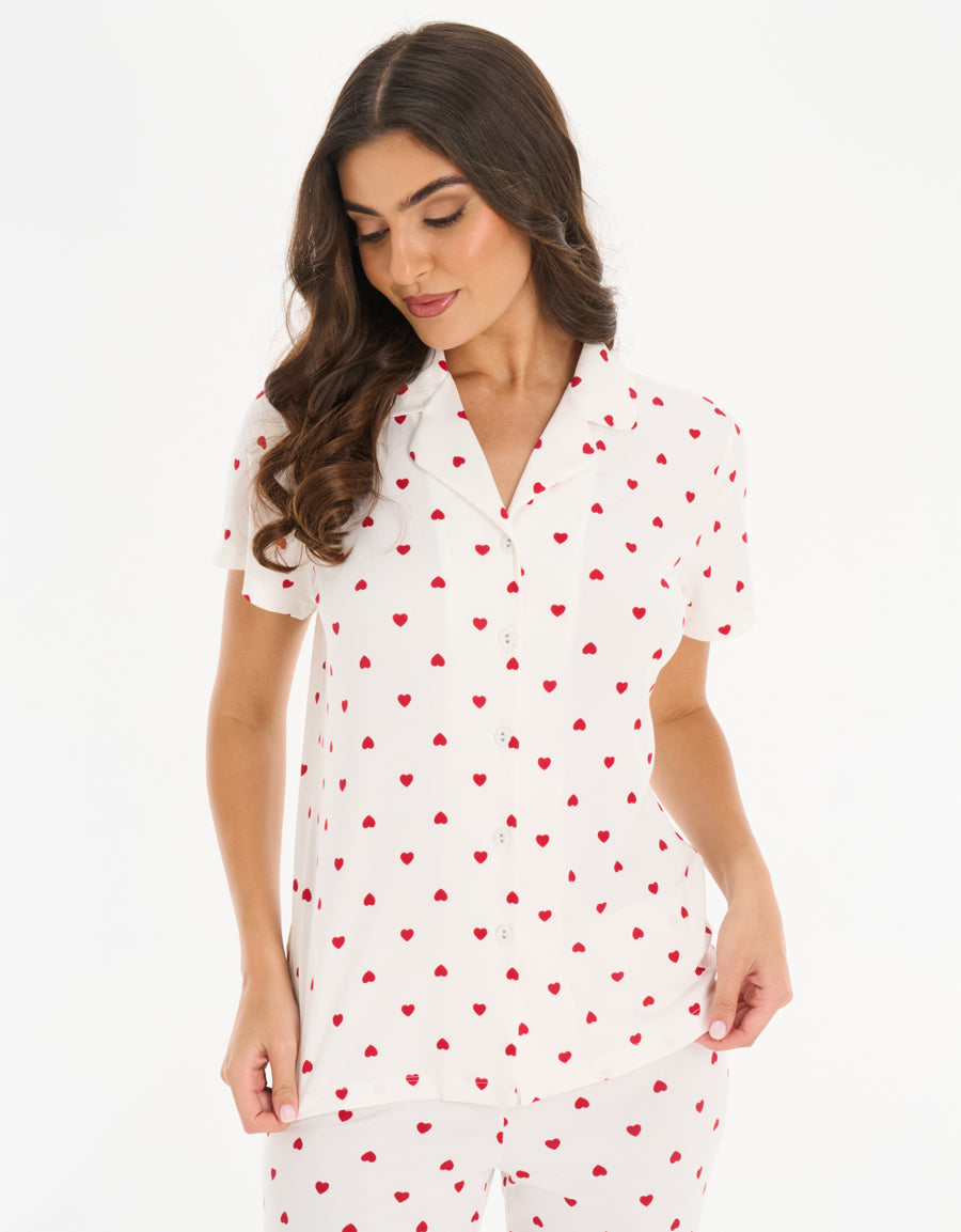 Jersey Short-Sleeve Shirt with Pants Pajama Set in White