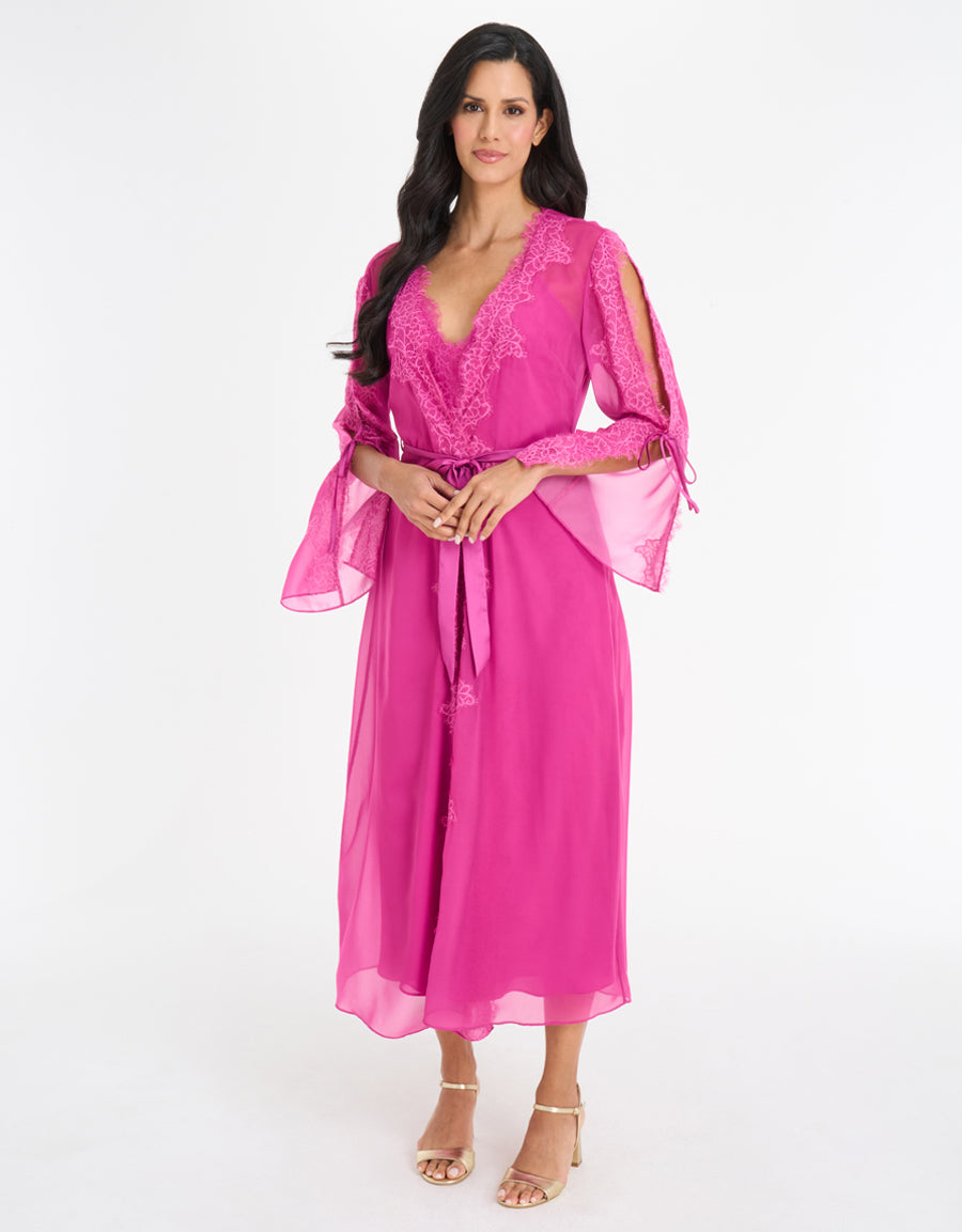 Lace-Trim Sheer Chiffon Long Robe