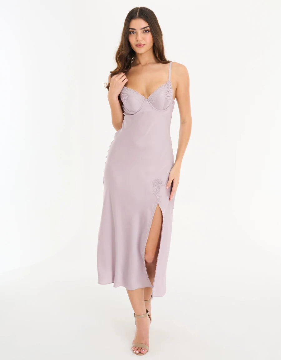 Lace-Trim Satin Long Nightdress