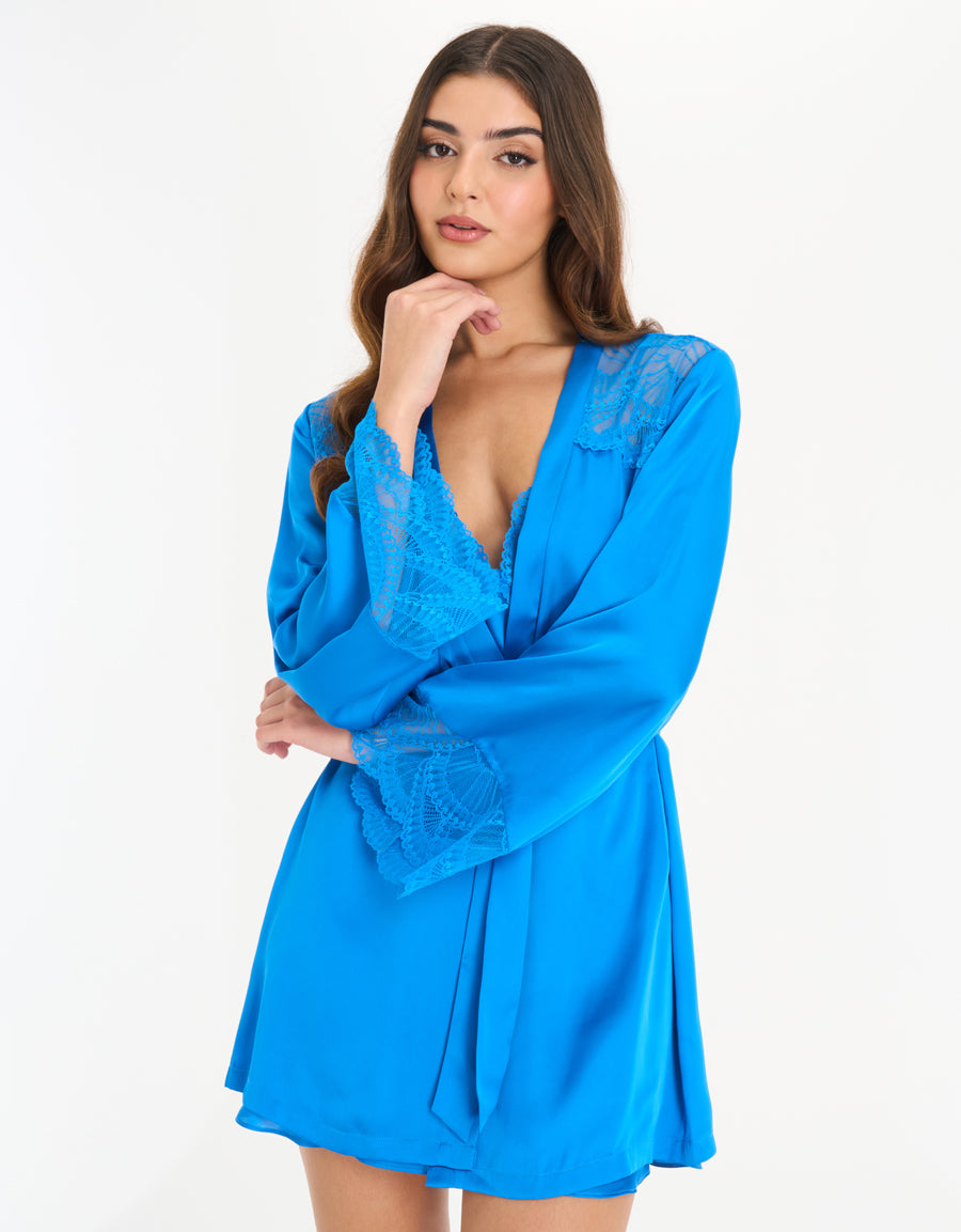 Satin Short Robe in Blue