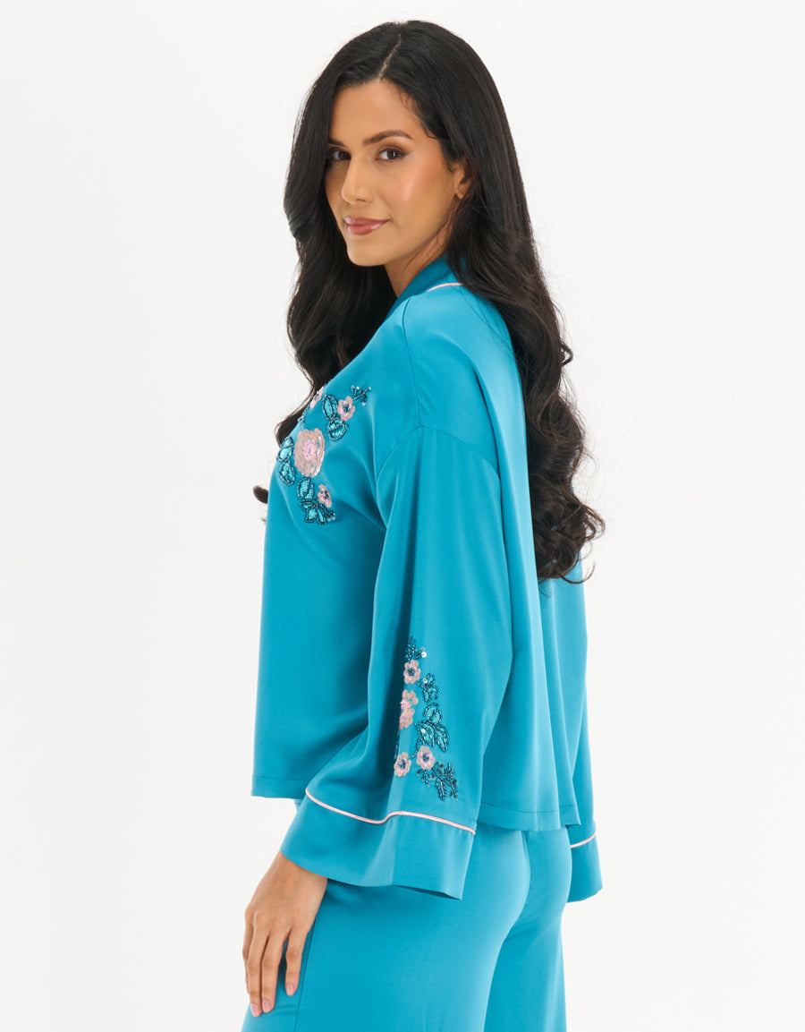 Satin Midi-Sleeve Shirt with Pants Pajama Set in Blue