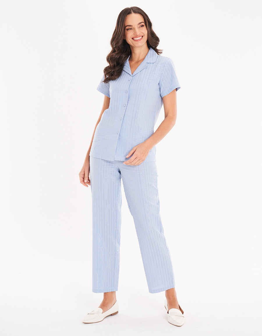 Blue Stripe Short-Sleeve Long Pajama Set