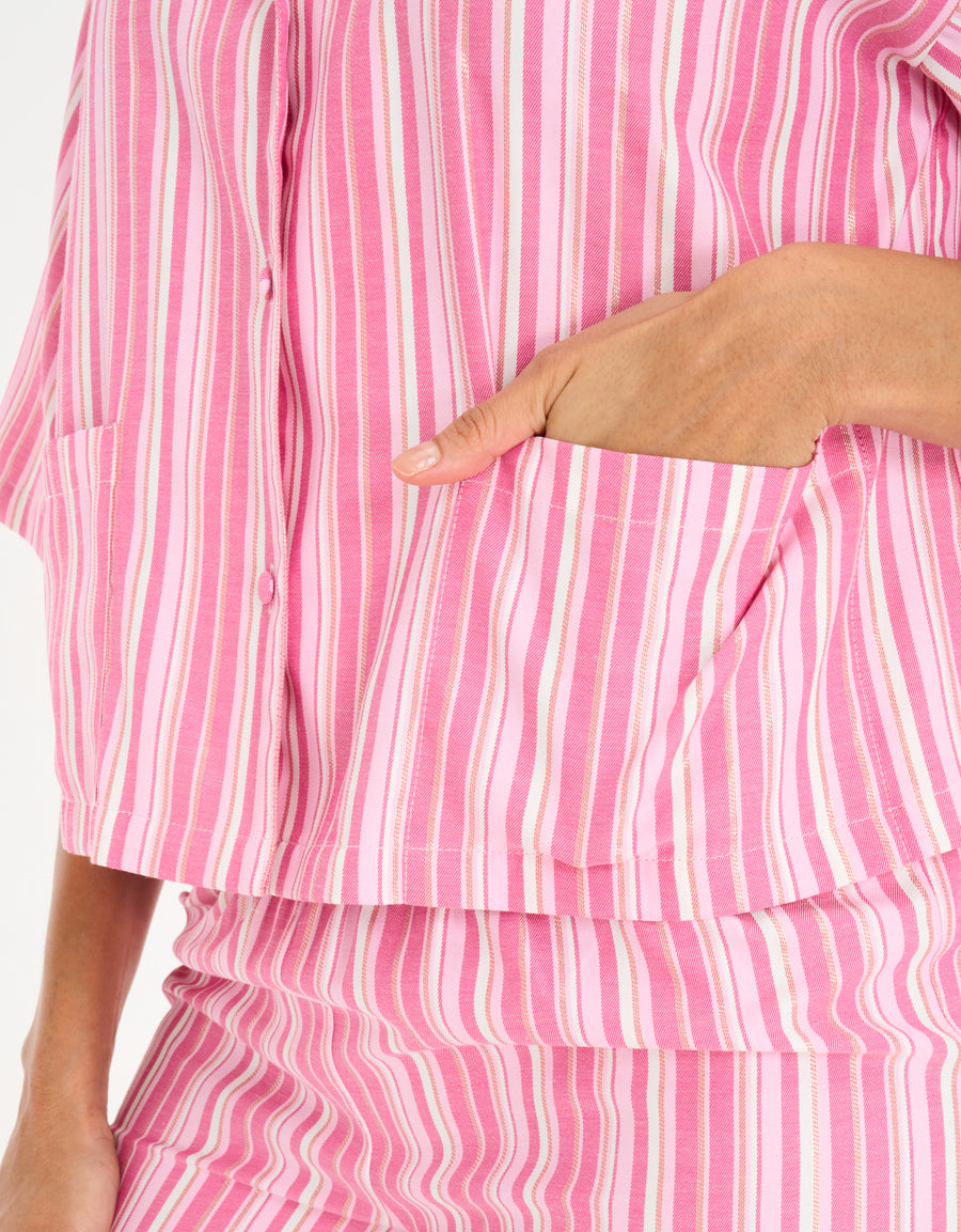 Midi-Sleeve Shirt with Pants Pajama Set in Fuchsia