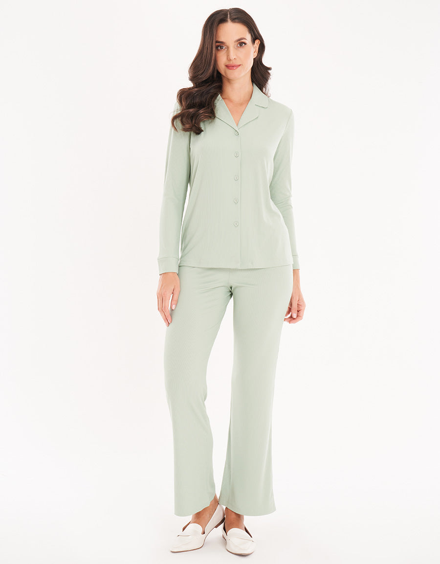 Light Green Woven Short-Sleeve Long Pajama Set