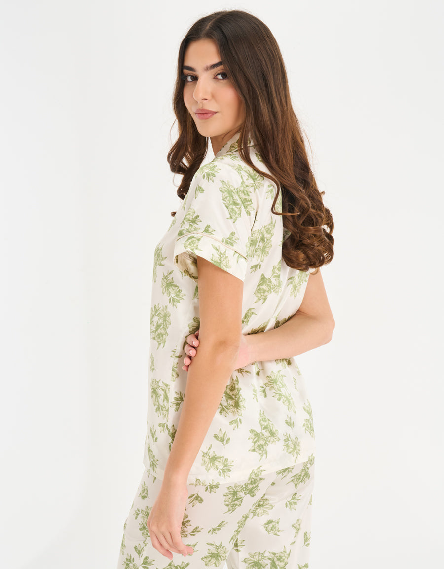 Satin Short-Sleeve Shirt with Pants Pajama Set in Cream