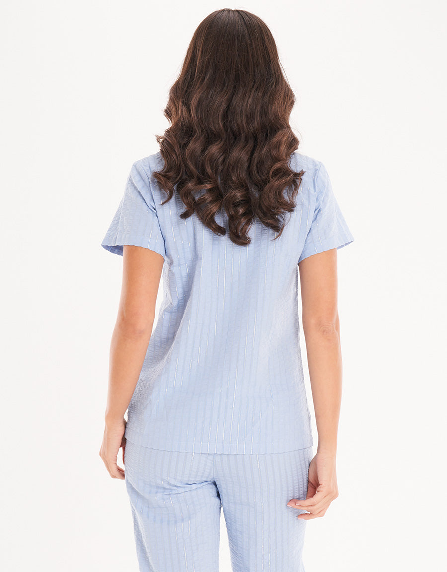 Blue Stripe Short-Sleeve Long Pajama Set