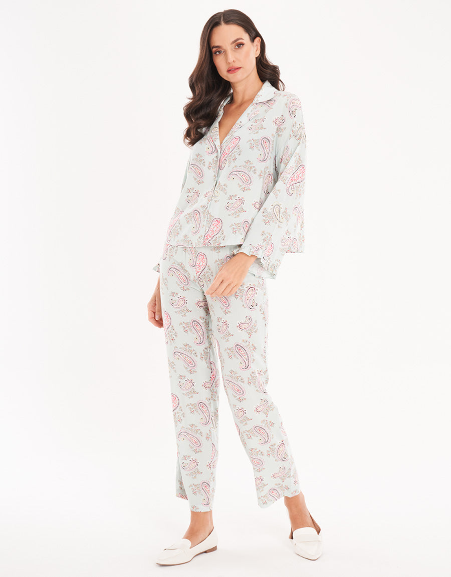 Sage Green Short-Sleeve Long Pajama Set