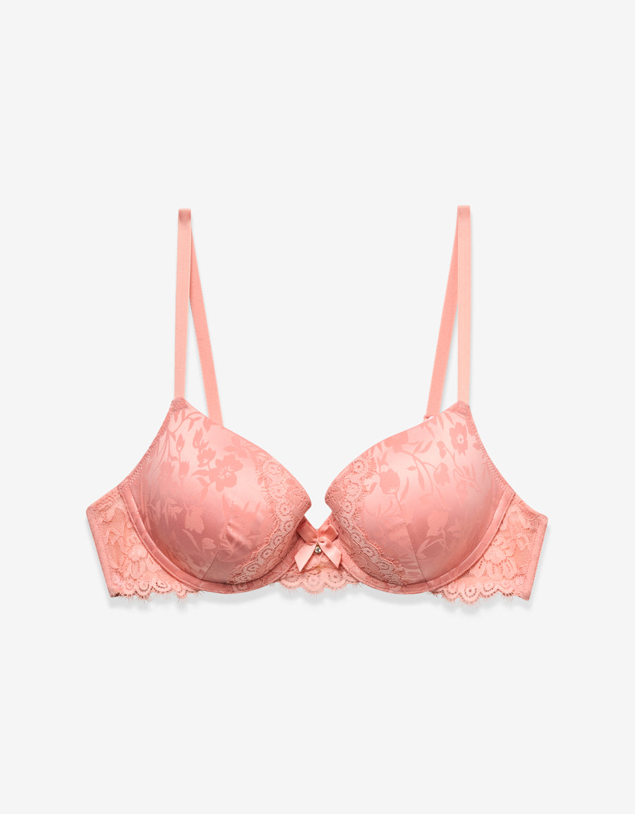 Satin Plunge Push Up Bra in Coral