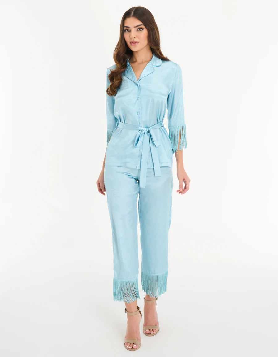 Fringe-Trim Jacquard Satin Pajama Set