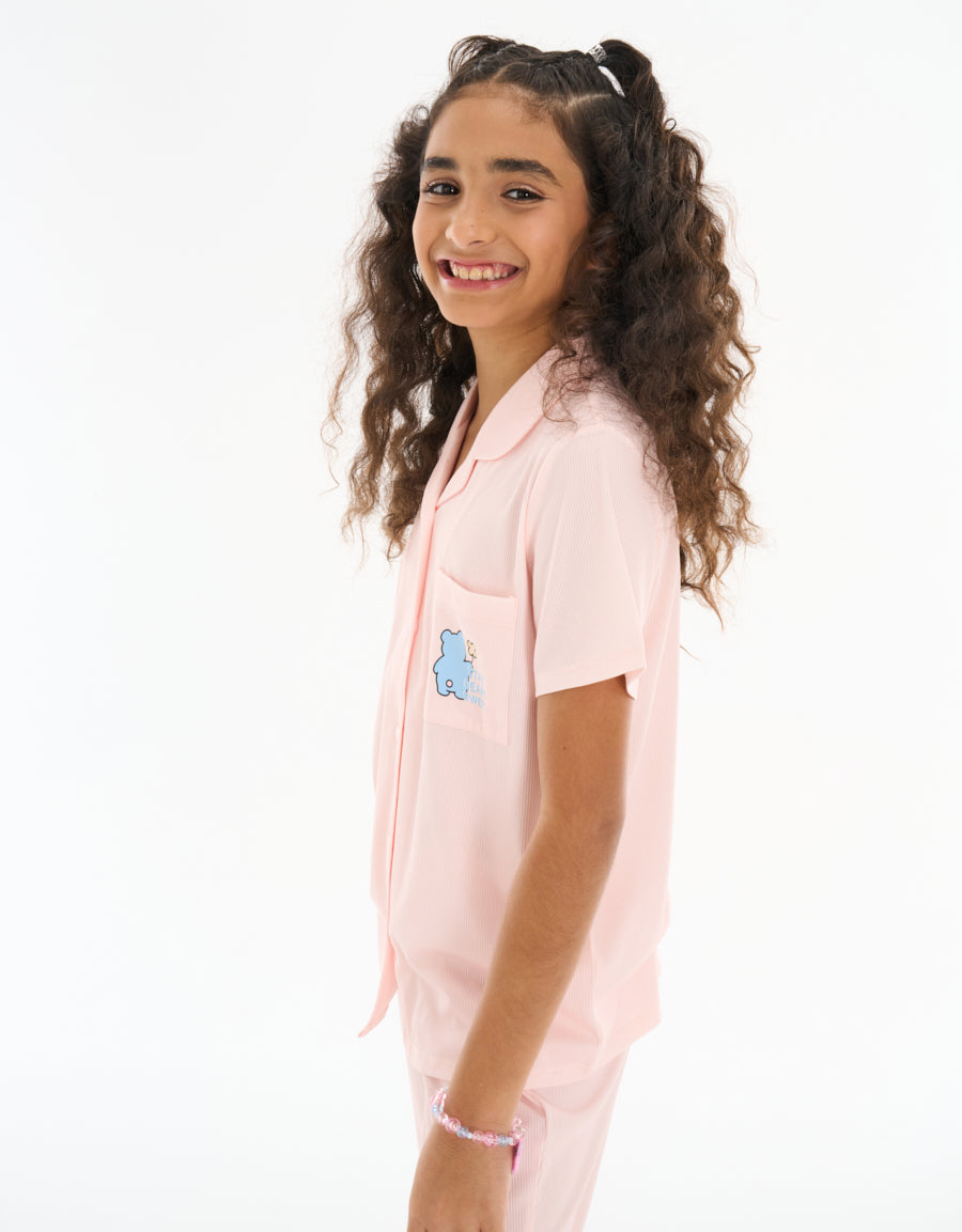 Short-Sleeve Shirt with Pants Pajama Set in Pink