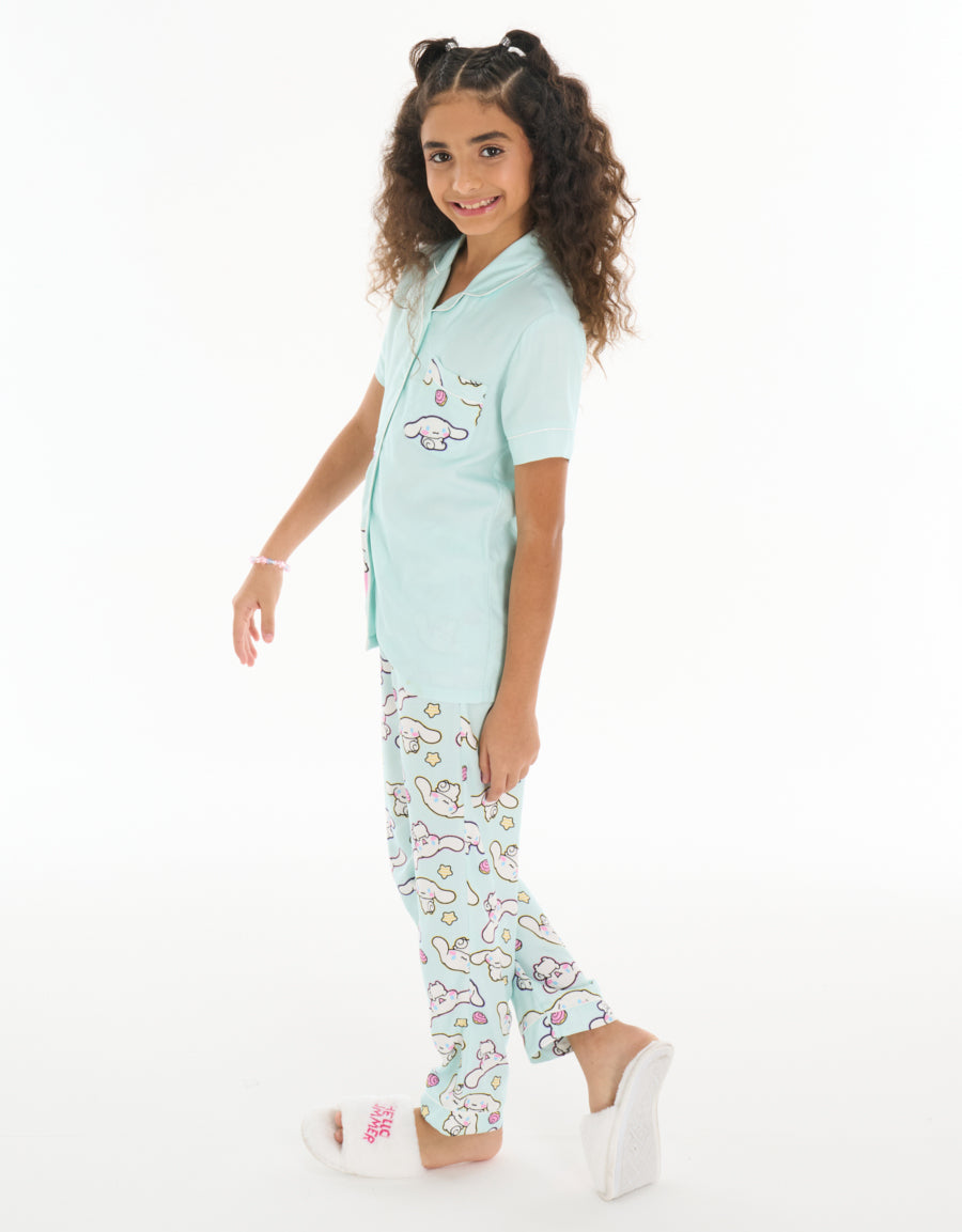 Short-Sleeve Shirt with Pants Pajama Set in Light Green