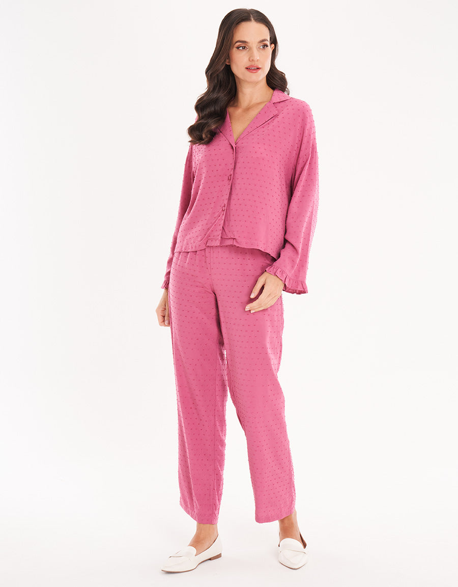 Micro-Dot Short-Sleeve Long Pajama Set