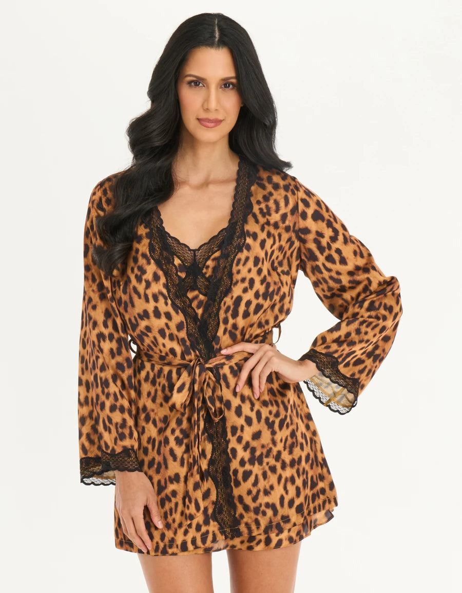 Lace-Trim Leopard Print Satin Short Robe