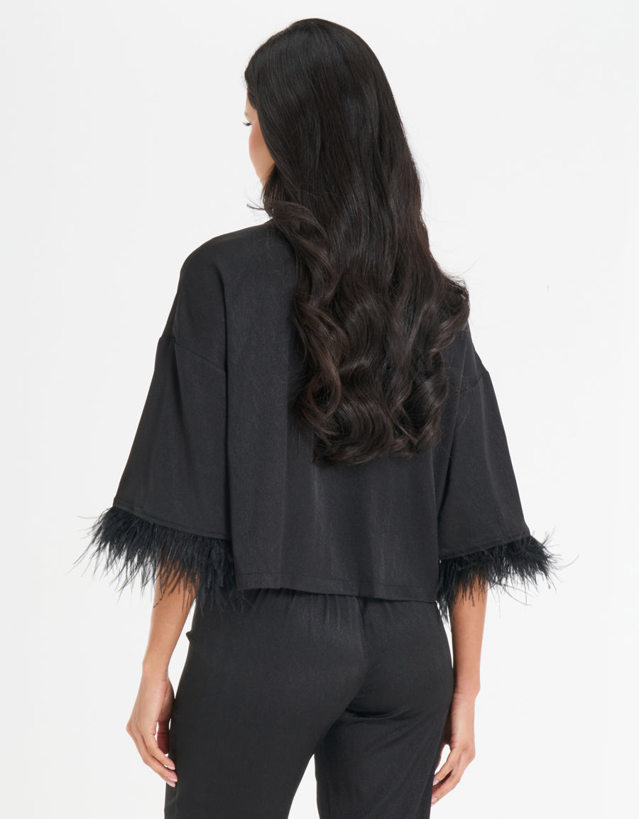 Feather-Trim Satin Pajama Set