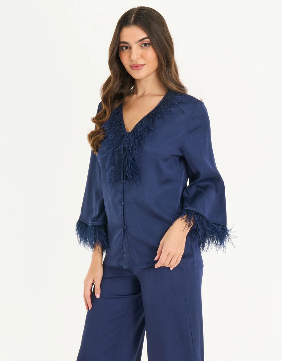Feather-Trim Satin Pajama Set