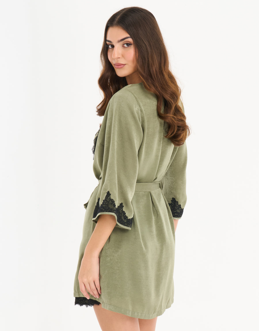 Satin Short Nightdress and Robe in Dark Green