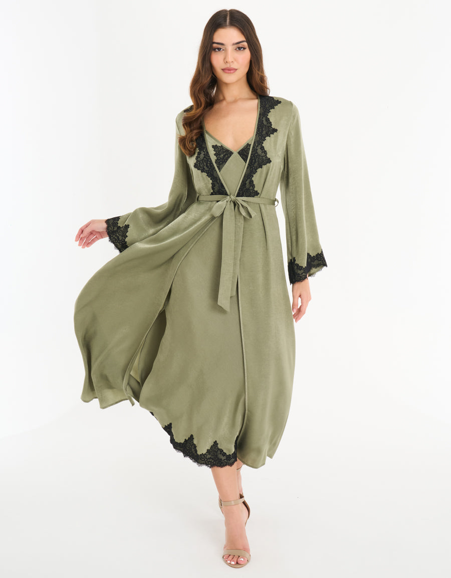 Satin Long Robe in Dark Green