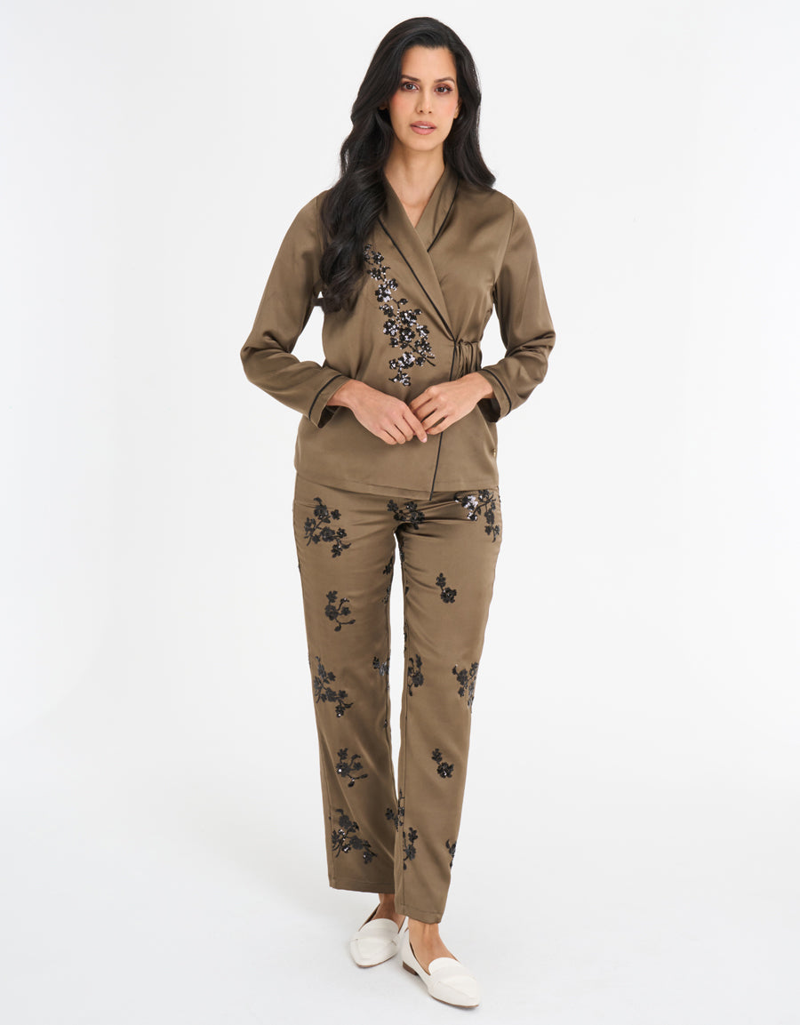 Sequin Embroidered Satin Pajama Set