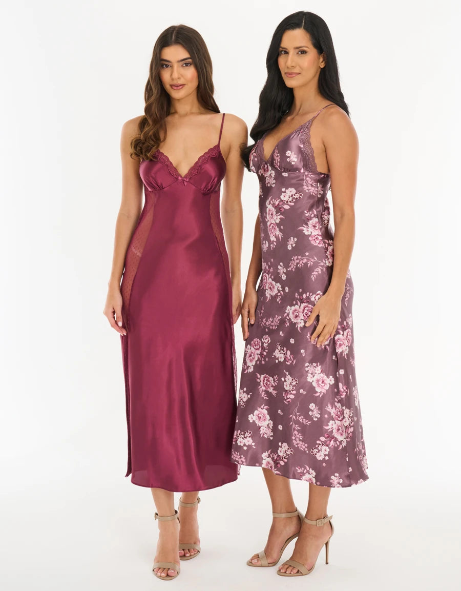 2-Pack Lace-Trim Floral Print Satin Nightdresses