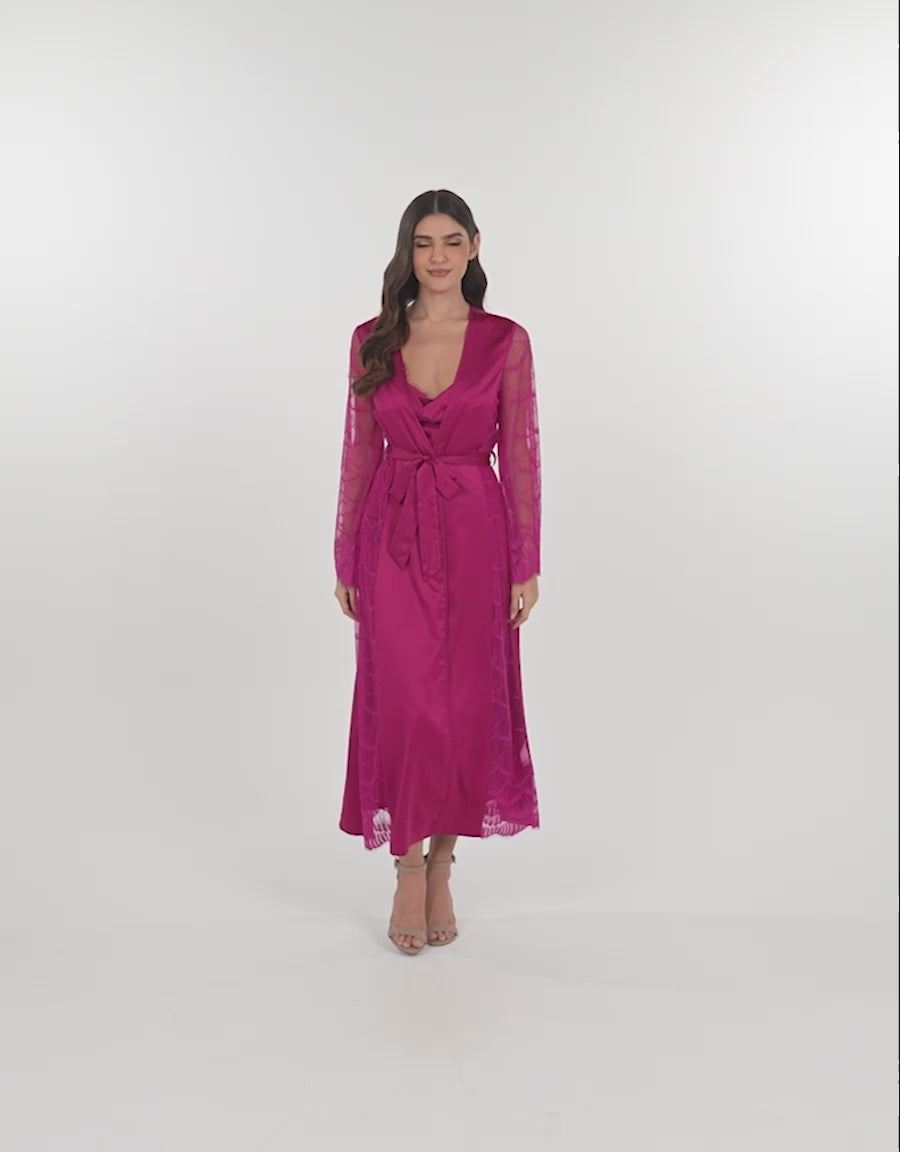 Lace-Trim Satin Long Robe