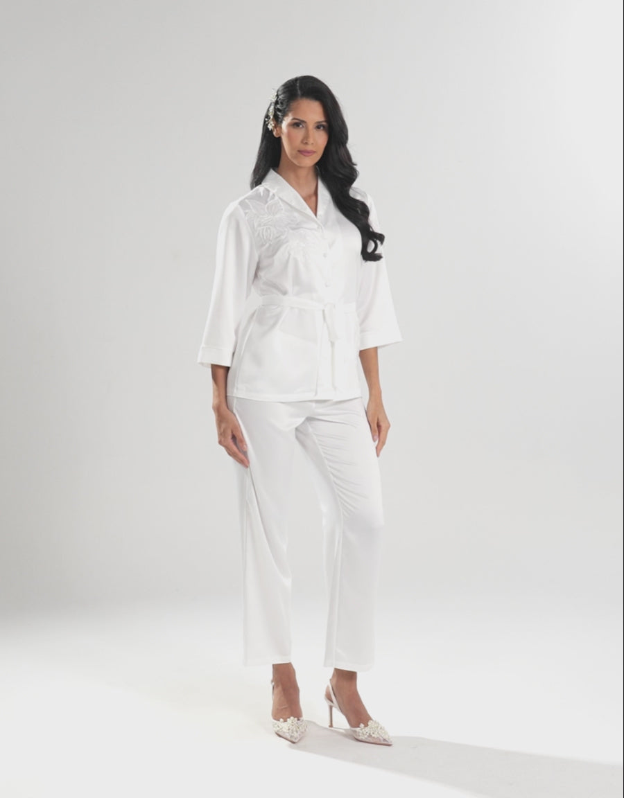 Satin Midi-Sleeve Shirt with Pants Pajama Set in Ivory