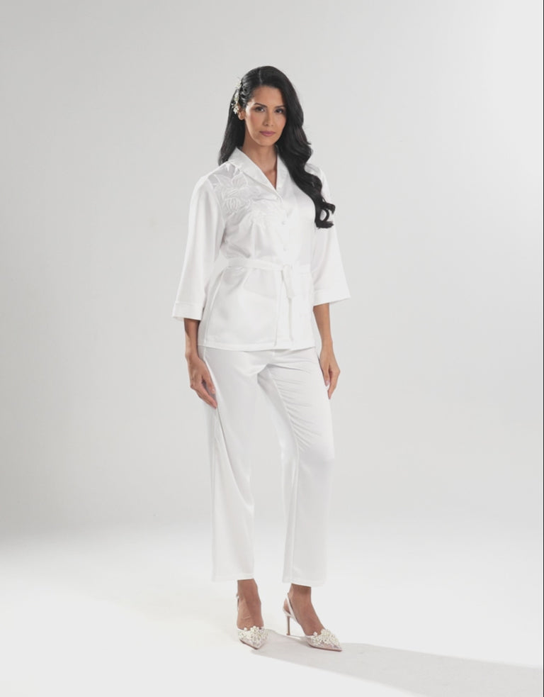 Satin Midi-Sleeve Shirt with Pants Pajama Set in Ivory