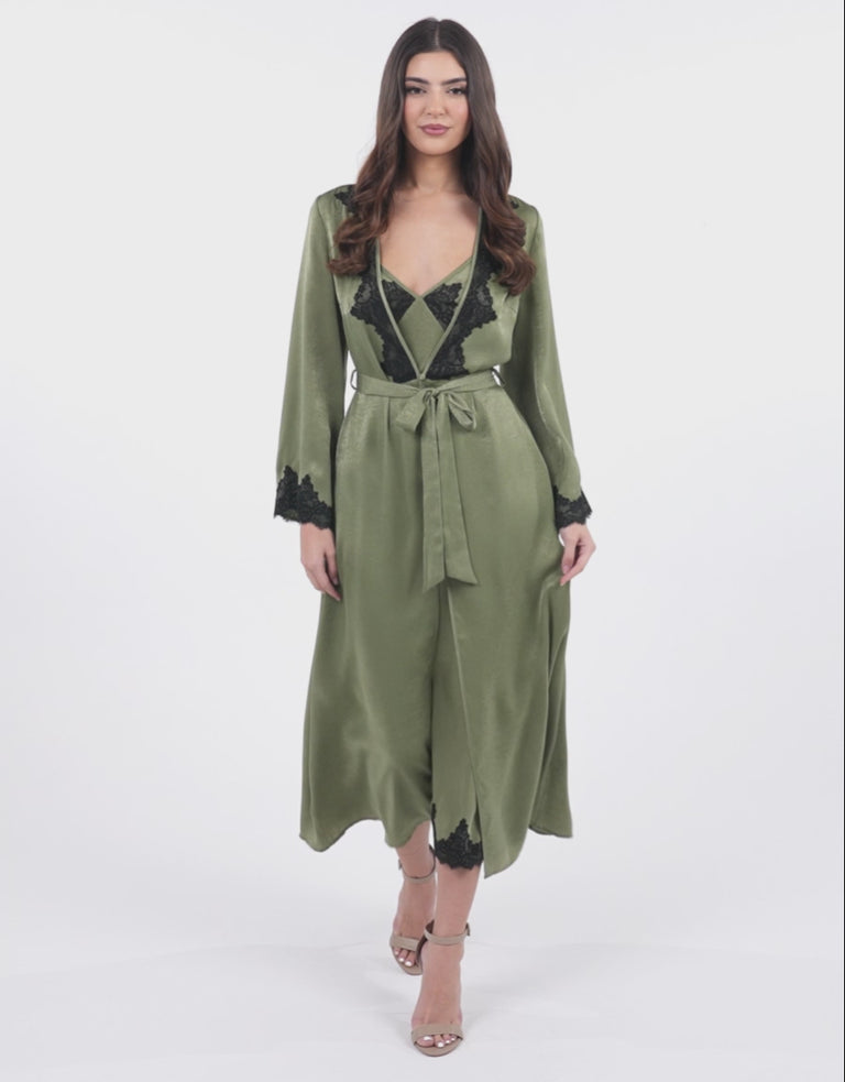 Satin Long Robe in Dark Green
