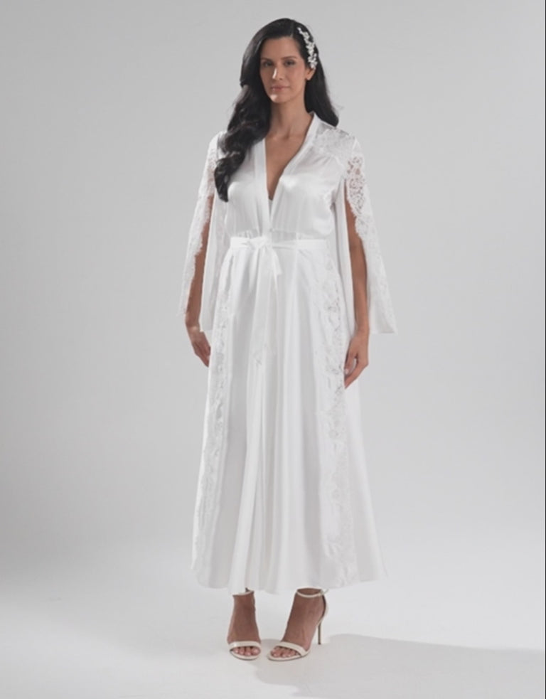 Lace-Trim Satin Bridal Long Robe