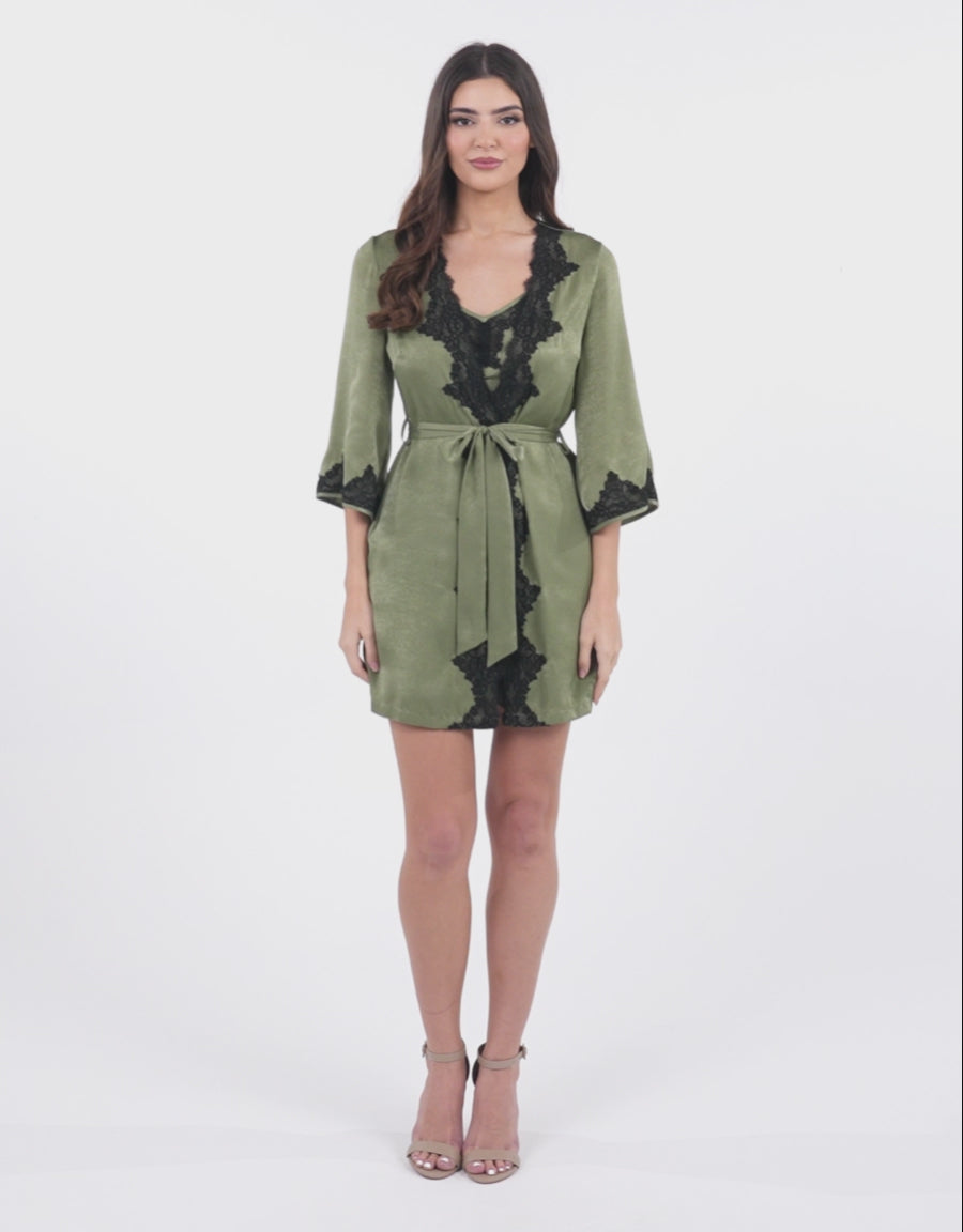 Satin Short Nightdress and Robe in Dark Green
