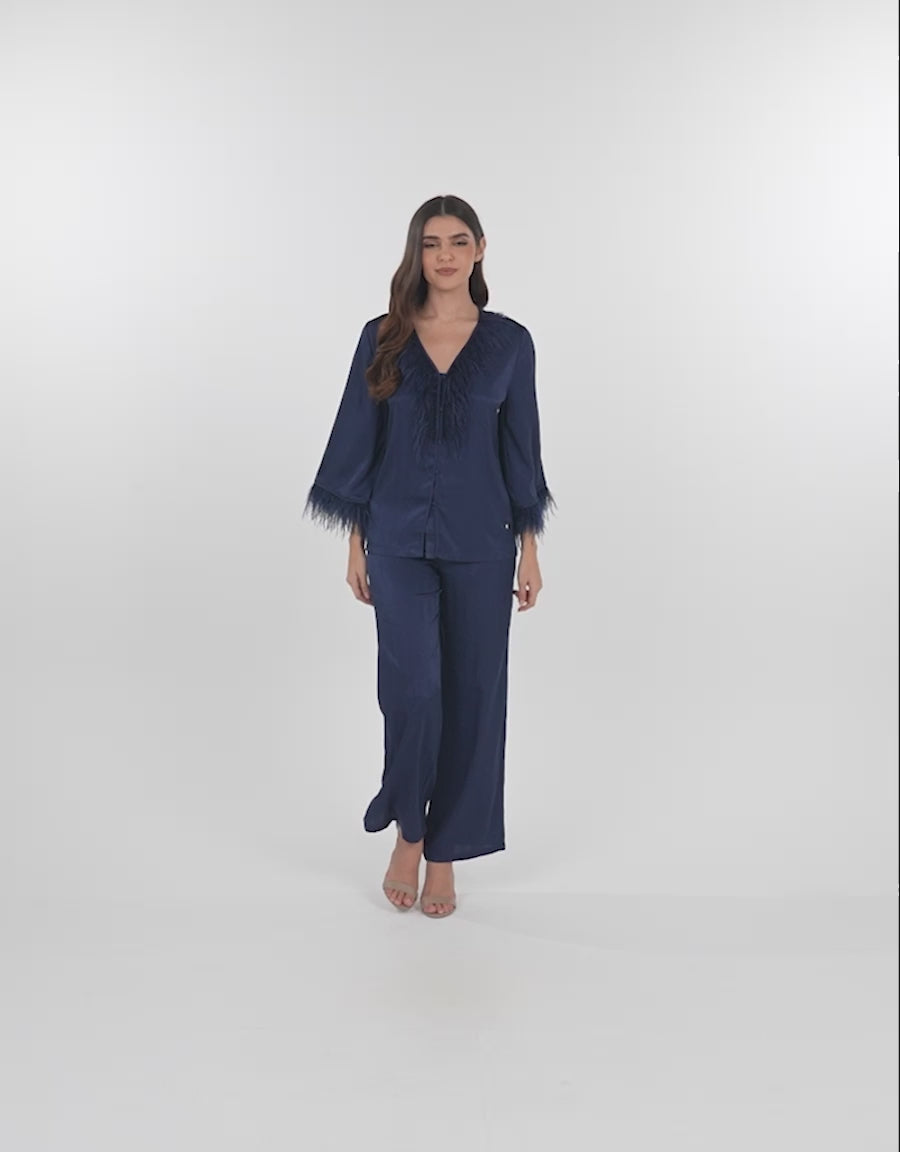 Feather-Trim Satin Pajama Set