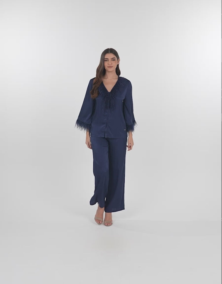 Feather-Trim Satin Pajama Set