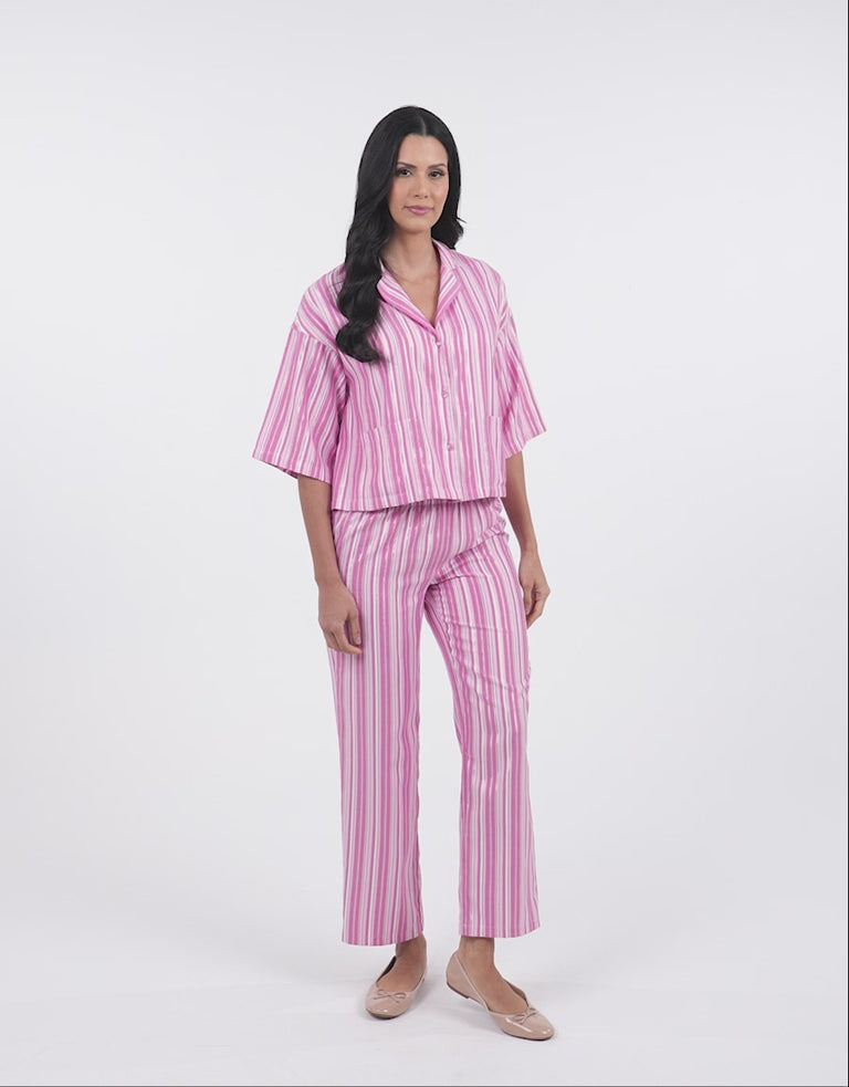 Midi-Sleeve Shirt with Pants Pajama Set in Fuchsia