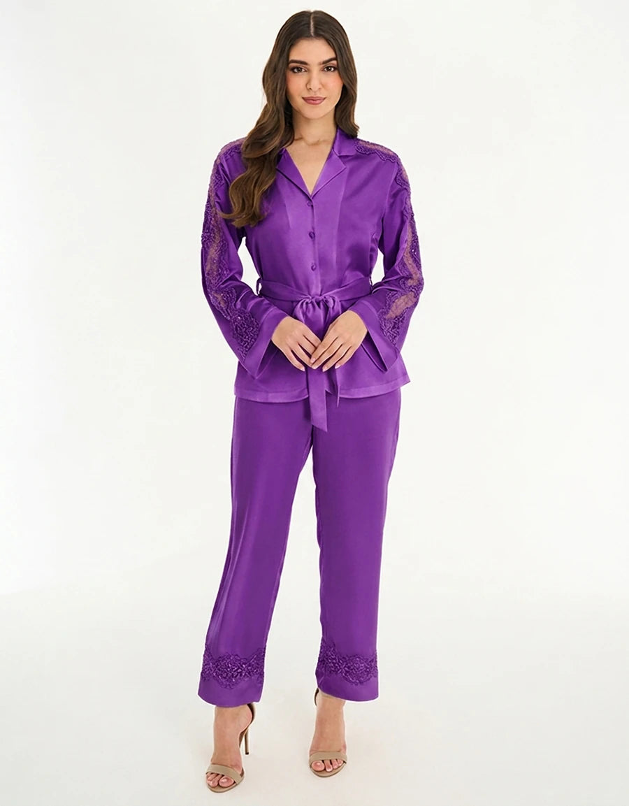 Lace-Trim Satin Pajama Set