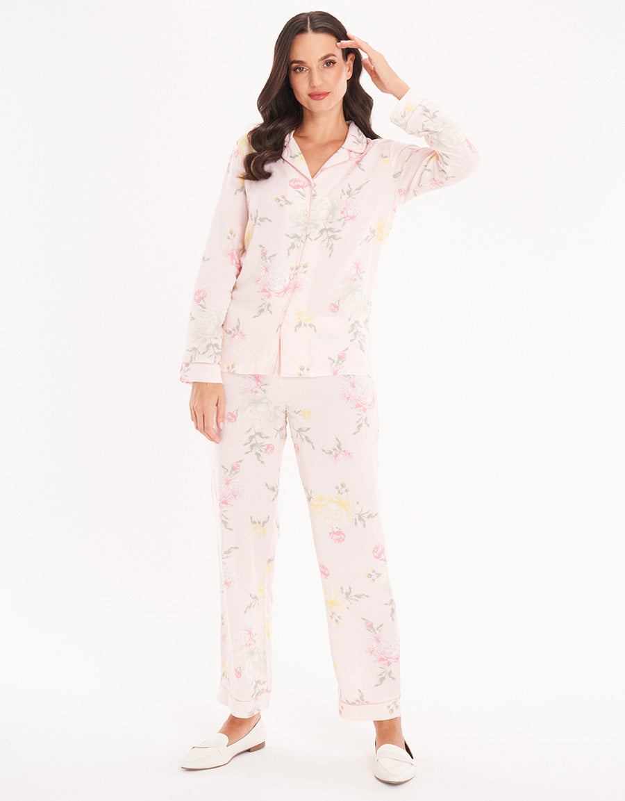 Light Pink Floral Woven Short-Sleeve Long Pajama Set