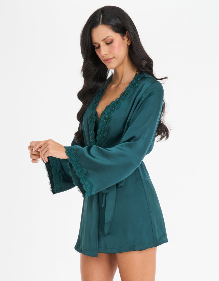 Lace-Trim Satin Short Robe