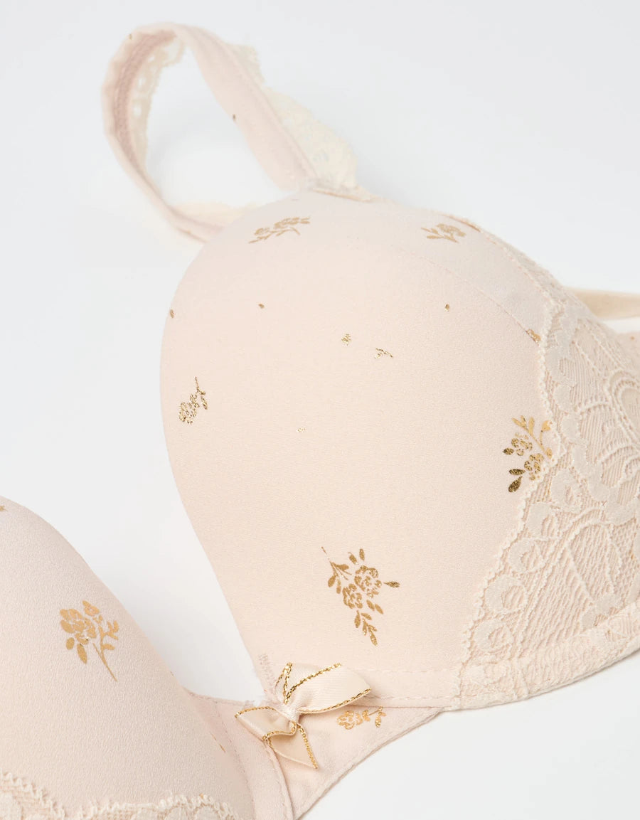Lace-Trim Floral Print Bridal Plunge Bra