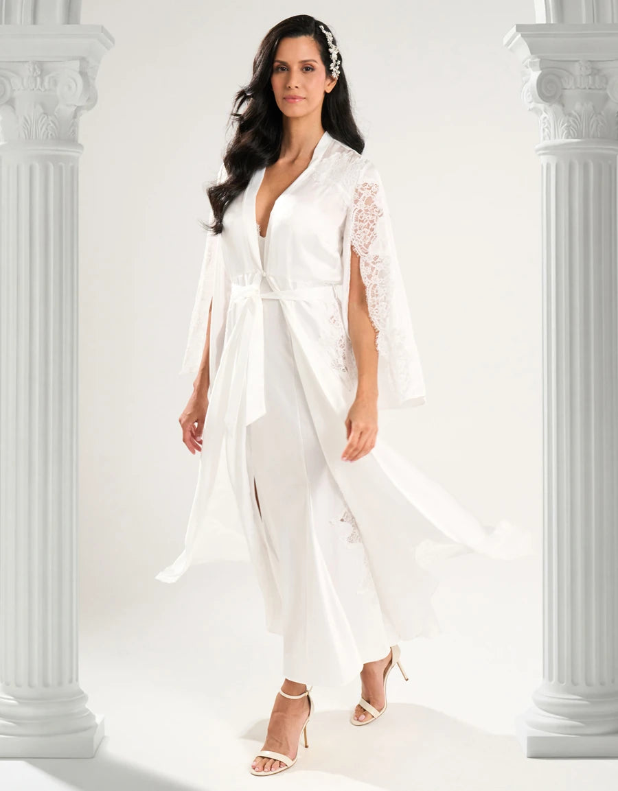 Lace-Trim Satin Bridal Long Robe