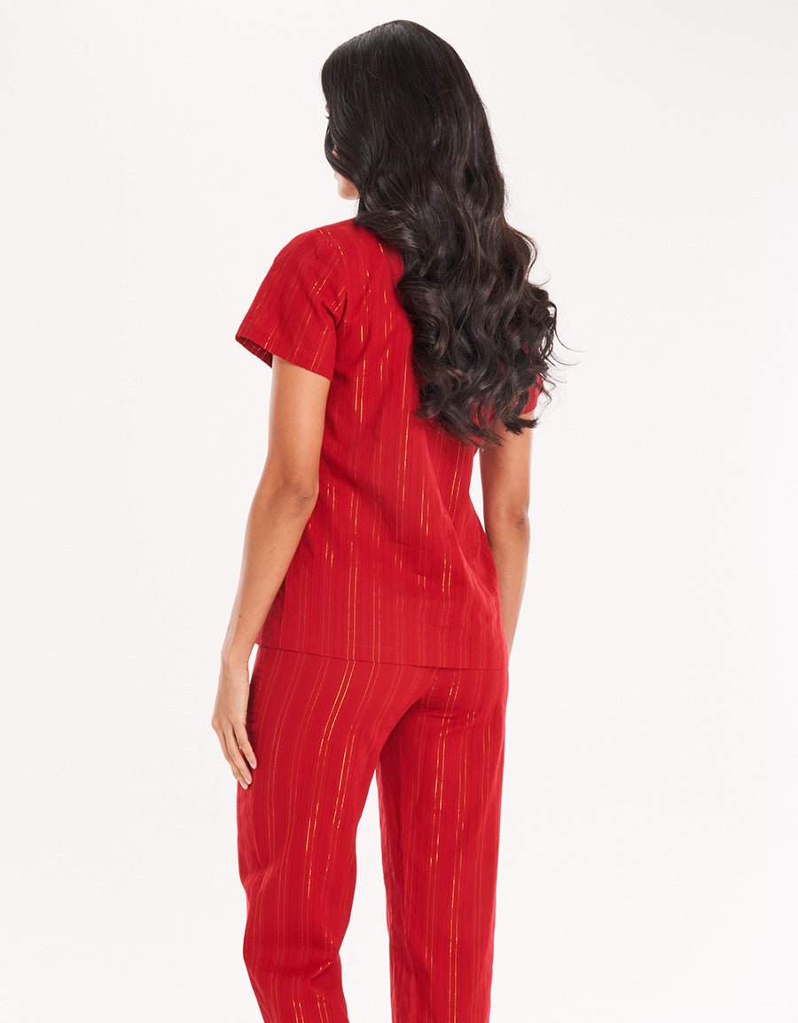 Red Woven Short-Sleeve Long Pajama Set
