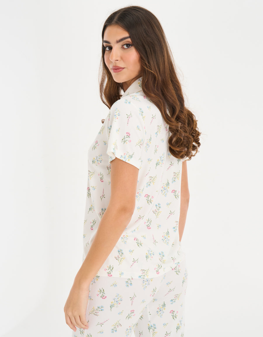 Ribbed Short-Sleeve Shirt with Pants Pajama Set in White