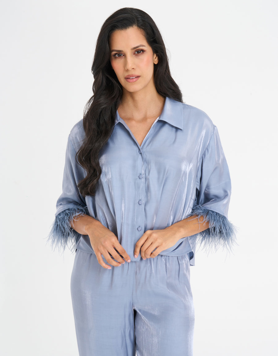Feather-Trim Satin Pajama Set