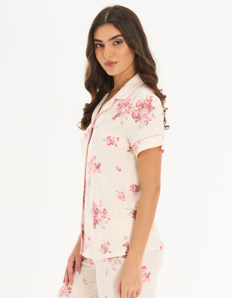 Jersey Short-Sleeve Shirt with Pants Pajama Set in Cream