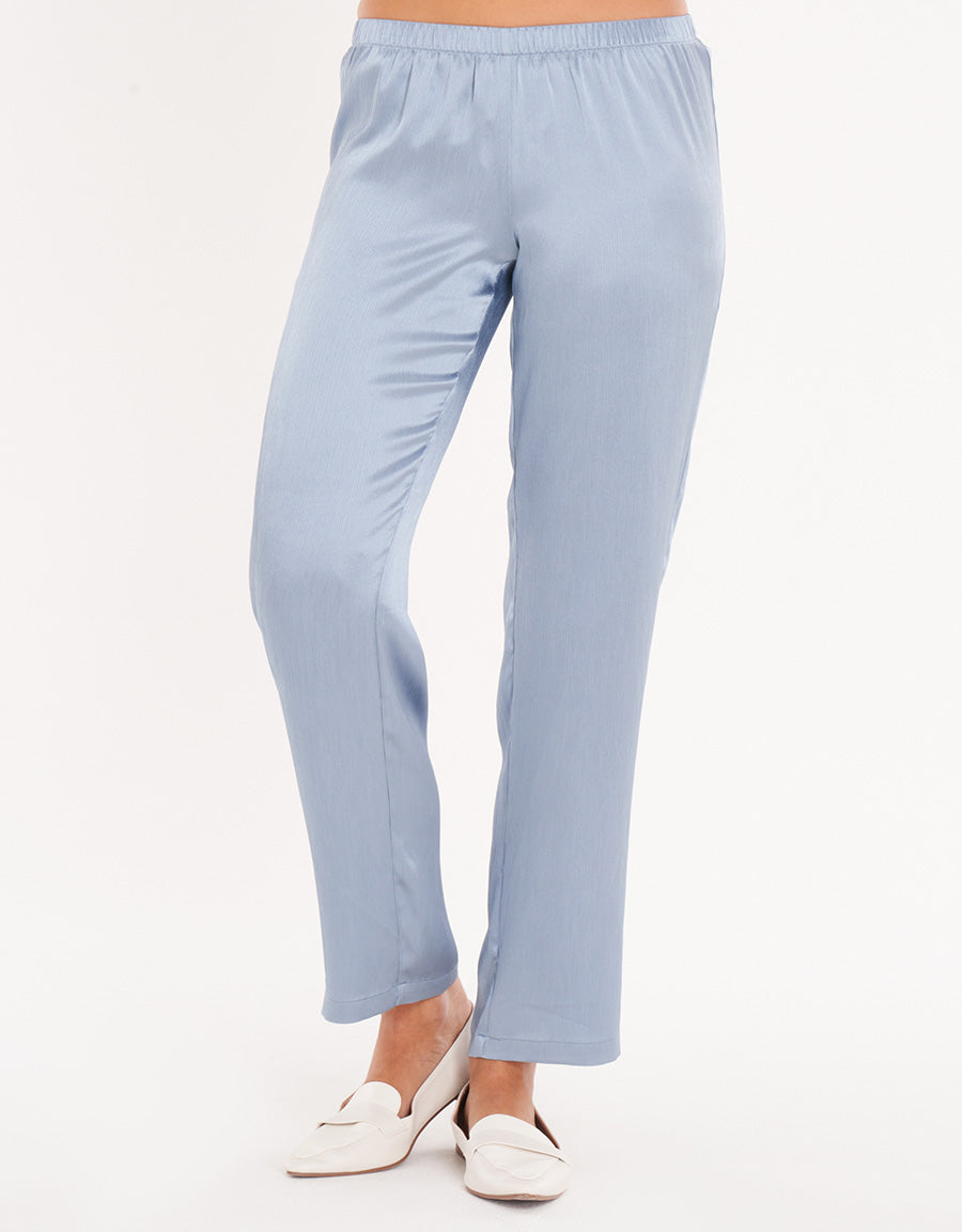 Blue Satin Short-Sleeve Long Pink Pajama Set