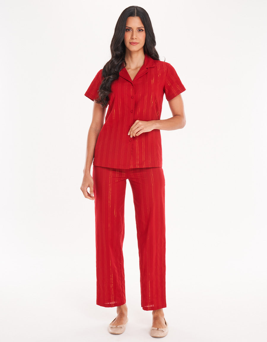 Red Woven Short-Sleeve Long Pajama Set