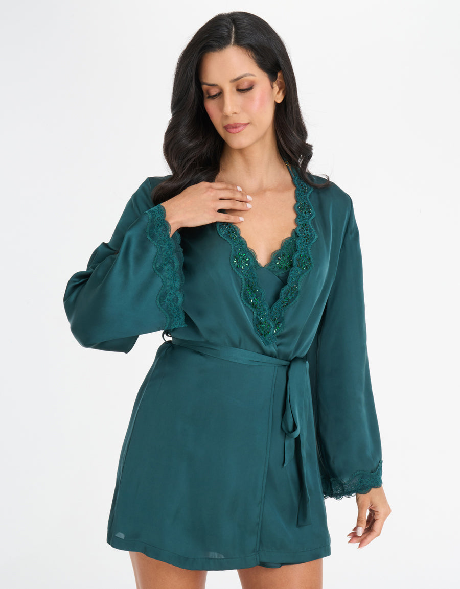 Lace-Trim Satin Short Robe