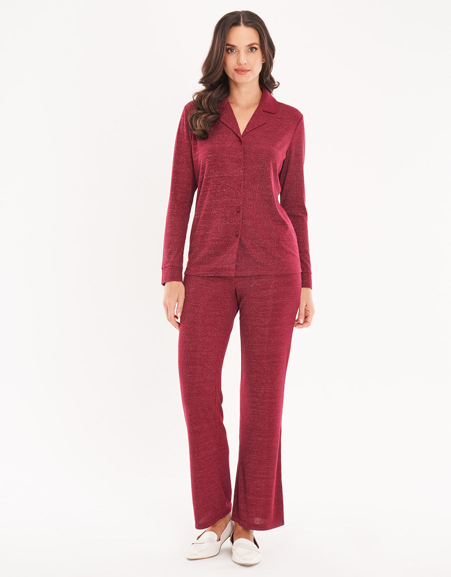 Burgundy Woven Short-Sleeve Long Pajama Set