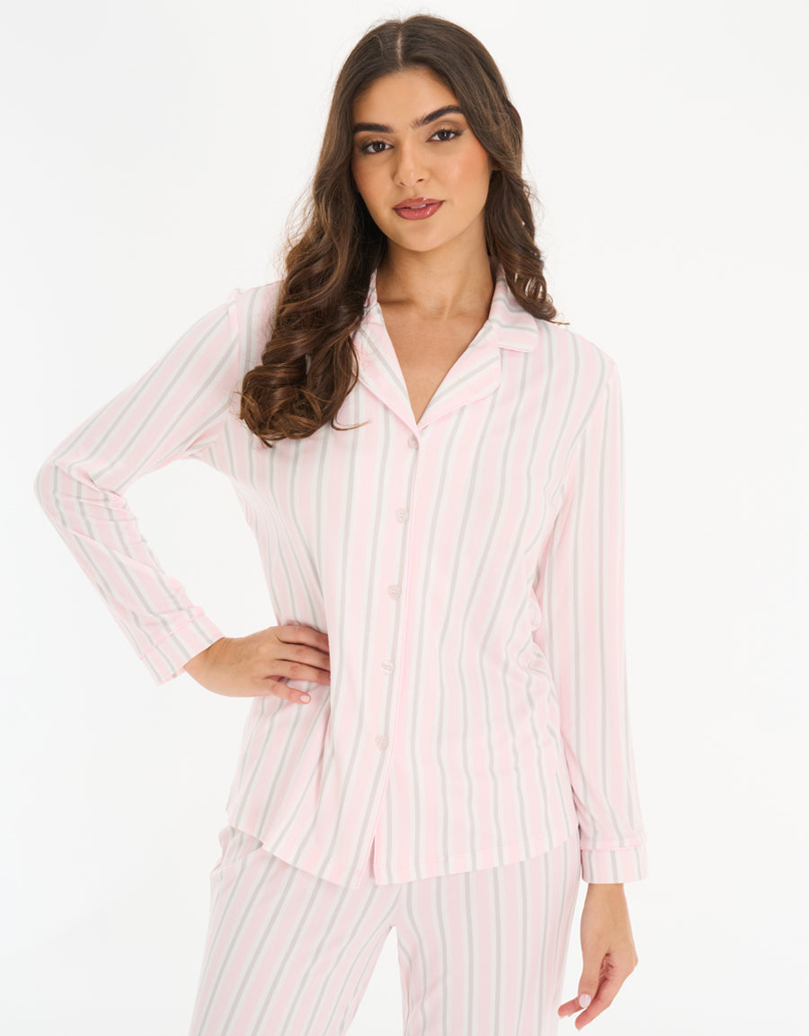 Jersey Long-Sleeve Shirt with Pants Pajama Set in White