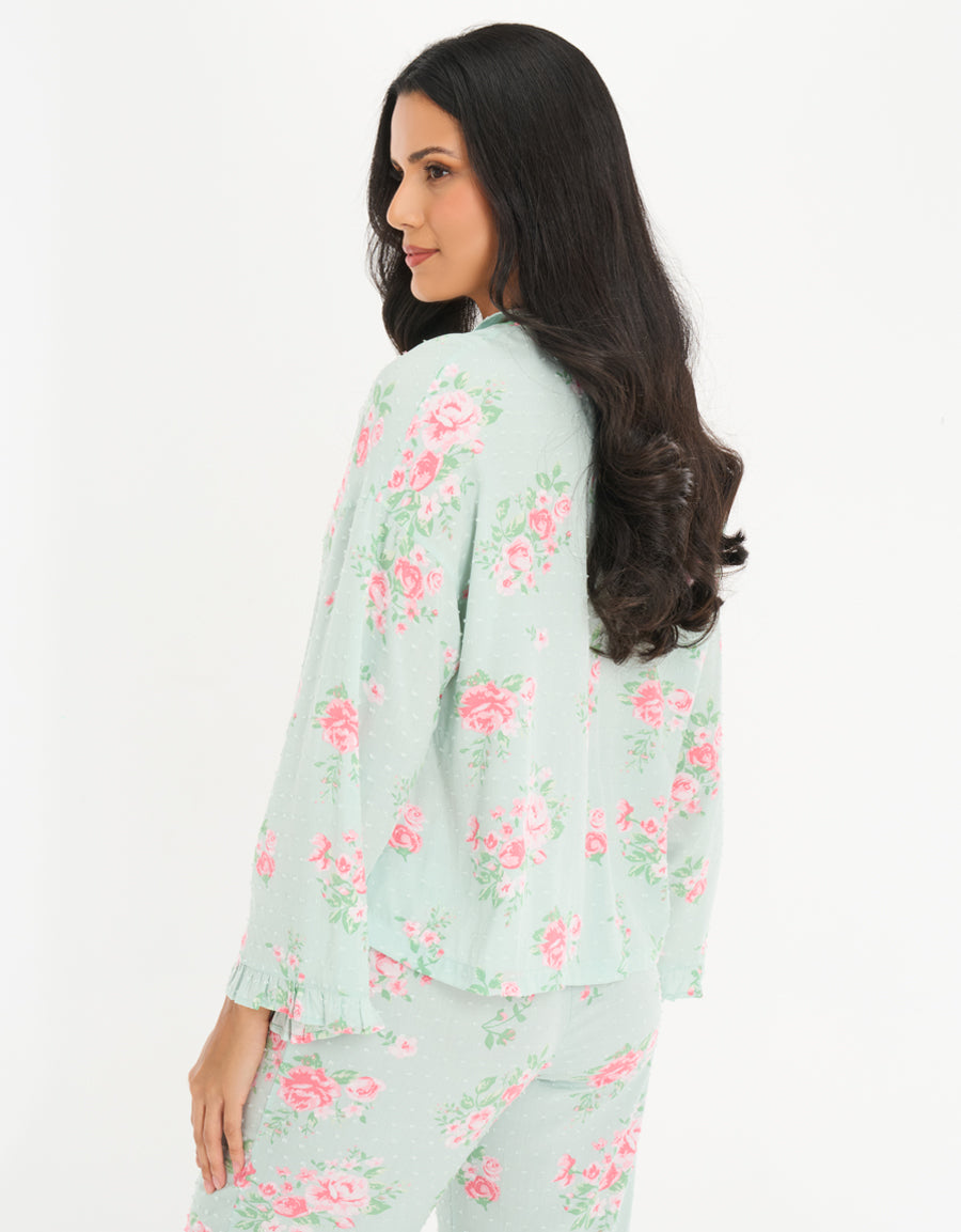 Long-Sleeve Shirt with Pants Pajama Set in Light Green